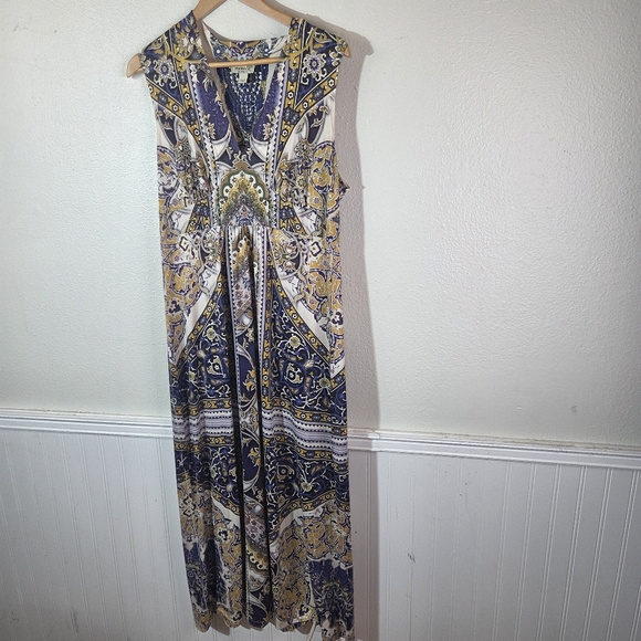 One World Womens XL Boho Maxi Dress Rhinestone Embellished Blue Lace Back - Picture 3 of 12